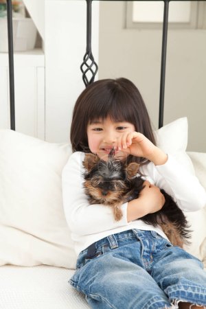 Foto de Poco asiático chica con cachorro yorkshire terrier - Imagen libre de derechos