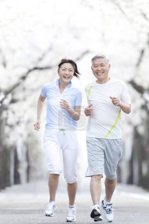 Téléchargez les photos : Asiatique mature couple courir dans parc avec floraison arbres - en image libre de droit
