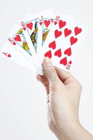 Photo for Woman holding cards on white background - Royalty Free Image