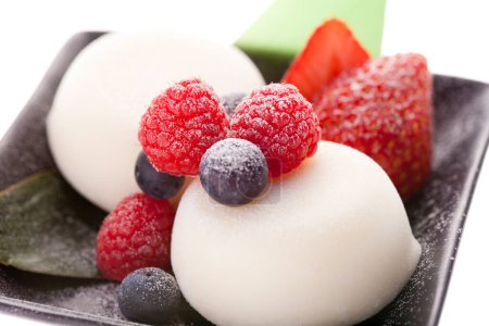 Photo for Delicious japanese rice balls with berries, japanese traditional dessert - Royalty Free Image