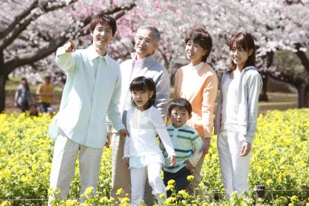 outdoor full length portrait of big cheerfull asian family posing against blooming trees