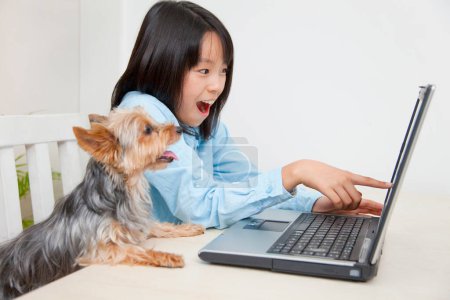 Photo for Portrait of Japanese girl and Yorkshire Terrier puppy sitting at table with laptop - Royalty Free Image