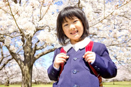 Foto de Colegiala japonesa con mochila caminando en el jardín de cerezos - Imagen libre de derechos