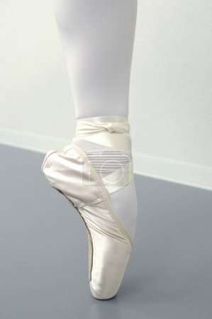 Foto de Female leg in pointe shoe on background, close up - Imagen libre de derechos