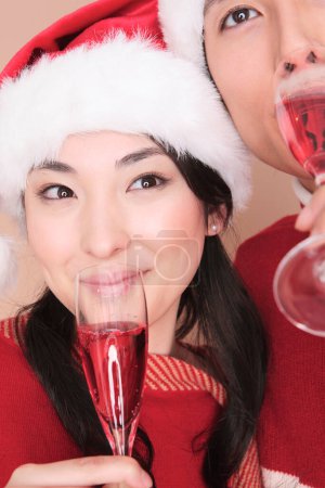 Téléchargez les photos : Un homme et une femme portant des chapeaux de Père Noël et buvant du vin - en image libre de droit