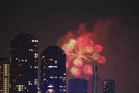Foto de Hermosa vista de fuegos artificiales en la bahía de Tokio - Imagen libre de derechos