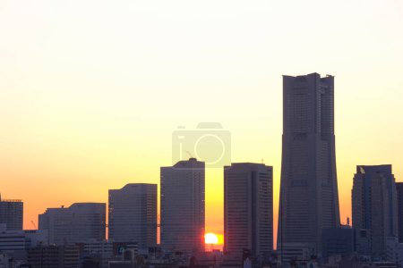 Foto de Hermoso atardecer sobre la ciudad. siluetas de rascacielos sobre el fondo del cielo al atardecer - Imagen libre de derechos