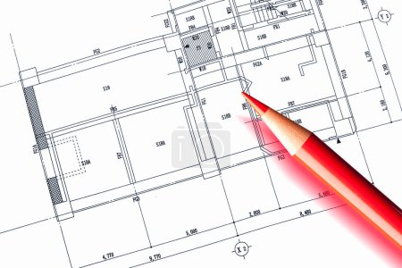 Téléchargez les photos : Architectural plan with red pencil on white background - en image libre de droit