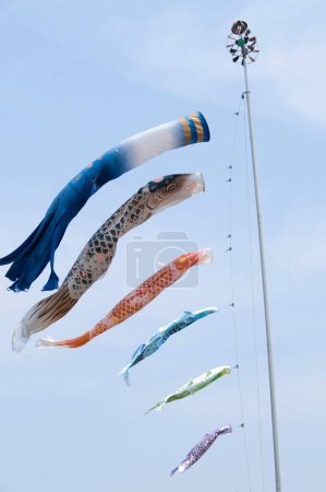 Téléchargez les photos : Décoration de banderole carpe japonaise contre ciel bleu - en image libre de droit