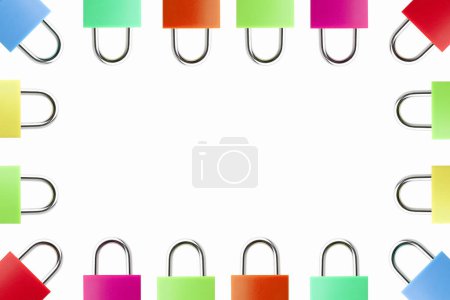 Photo for Close up view of colorful padlocks on white table background - Royalty Free Image