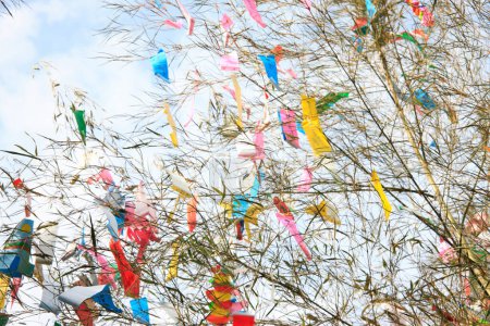 Téléchargez les photos : Décorations et souhaits sur des bandes de papier suspendues pendant Tanabata ou festival des étoiles - en image libre de droit