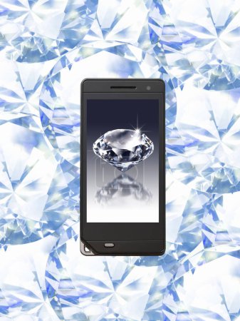 Téléchargez les photos : Écran de téléphone portable avec image de diamant, argent et fond de concept d'investissement - en image libre de droit