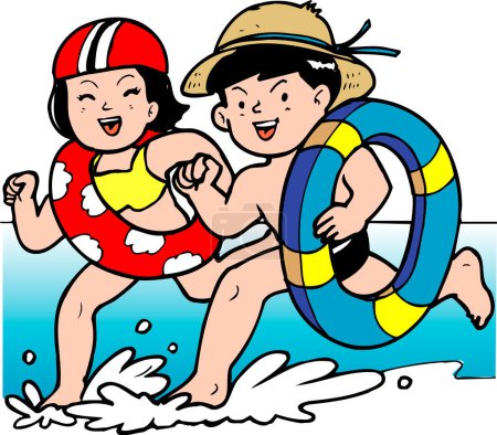 Téléchargez les photos : Illustration d'enfants souriants courant sur la plage - en image libre de droit