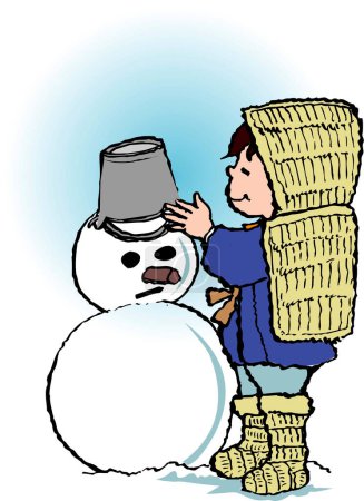 Téléchargez les photos : Dessin animé garçon en vêtements traditionnels faisant bonhomme de neige - en image libre de droit