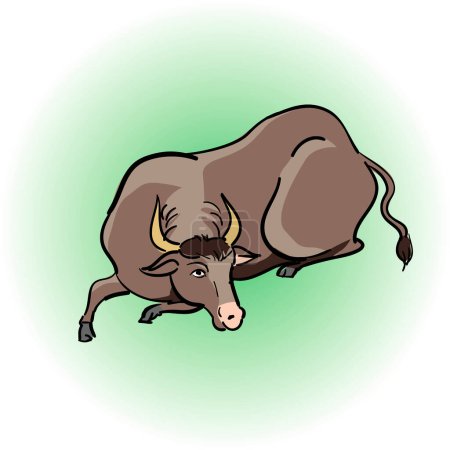 Foto de Ilustración de dibujos animados de vaca acostada sobre fondo verde - Imagen libre de derechos