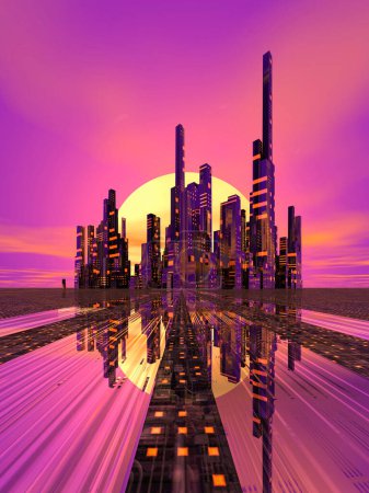 Foto de Ilustración 3D de la ciudad futurista al atardecer - Imagen libre de derechos