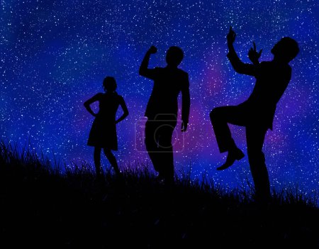 Téléchargez les photos : Silhouette d'une famille sur fond de nuit étoilé - en image libre de droit