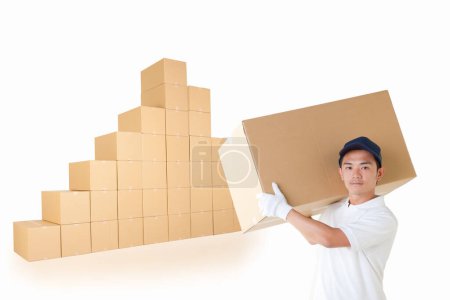 Photo for Man holding cardboard box on white background - Royalty Free Image