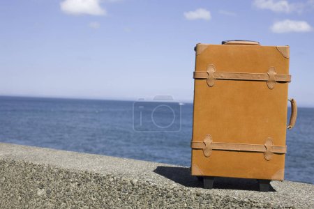 Téléchargez les photos : Valise de voyage sur la plage - en image libre de droit