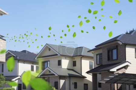 Photo for Green leaves in blue sky and modern houses architecture - Royalty Free Image