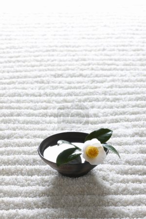 Téléchargez les photos : Motif abstrait d'ondes de gravier zen avec fleur de jasmin dans un bol - en image libre de droit