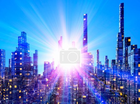 Téléchargez les photos : Illustration 3D de la ville futuriste avec une lueur légère - en image libre de droit