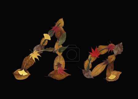 Téléchargez les photos : Alphabet composé de feuilles d'automne isolées sur fond noir. Lettre A - en image libre de droit