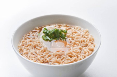 Photo for Top view of Japanese Ramen dish made with pork bone broth and noodles - Royalty Free Image