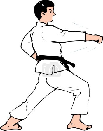 Asian man doing karate, cartoon illustration on white background