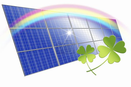 Foto de Paneles solares con hojas de trébol verde, fondo concepto de energía ecológica y verde - Imagen libre de derechos