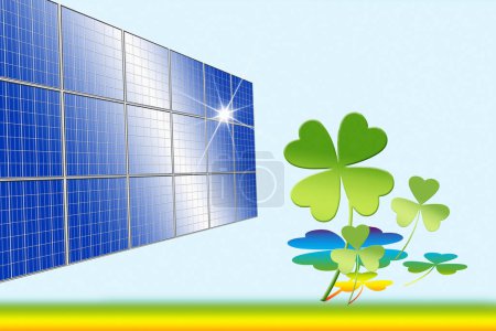 Foto de Paneles solares con hojas de trébol verde, fondo concepto de energía ecológica y verde - Imagen libre de derechos