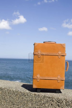 Téléchargez les photos : Valise sur la plage près de l'océan - en image libre de droit