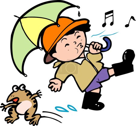 Foto de Niño de dibujos animados con paraguas caminando cerca de rana asustada - Imagen libre de derechos