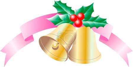 Photo for Illustration of christmas bells with holly berries and pink ribbon - Royalty Free Image