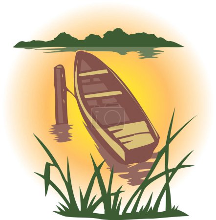 Foto de Barco de madera amarrado en el lago durante la puesta del sol - Imagen libre de derechos