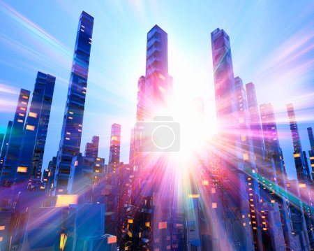 Foto de Ilustración 3D de ciudad futurista con resplandor de luz - Imagen libre de derechos