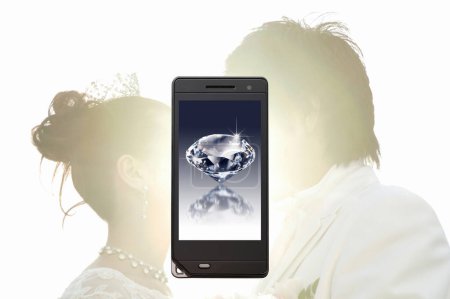 Photo for Mobile phone screen with image of diamond, money and investment concept background - Royalty Free Image