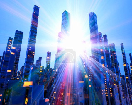 Foto de Ilustración 3D de ciudad futurista con resplandor de luz - Imagen libre de derechos