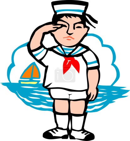 Téléchargez les photos : Marin avec illustration uniforme avec voilier sur fond - en image libre de droit