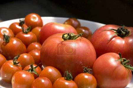 Téléchargez les photos : Tomates rouges sur le marché en arrière-plan, gros plan - en image libre de droit