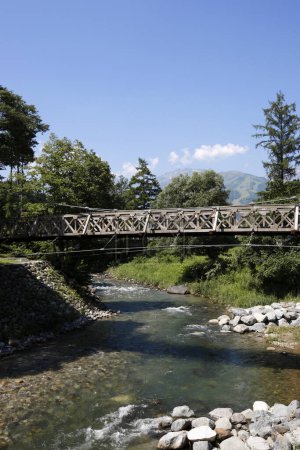 Téléchargez les photos : Vue sur la vallée de montagne et le vieux pont sur la rivière par une journée ensoleillée - en image libre de droit