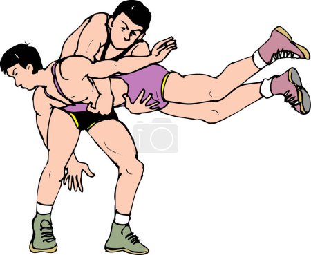 Téléchargez les photos : Deux athlètes masculins lutte, illustration de dessin animé - en image libre de droit