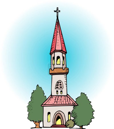 cartoon church building with trees illustration