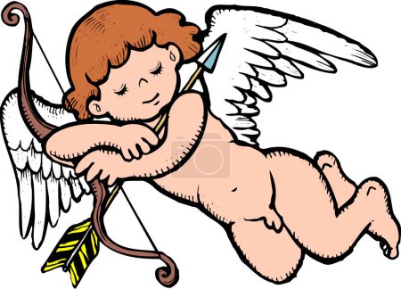 Foto de Cupido con ojo cerrado abrazando arco y flecha - Imagen libre de derechos