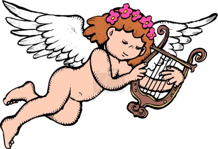 Foto de Personaje de dibujos animados de Cupido jugando ilustración de arpa sobre fondo blanco - Imagen libre de derechos