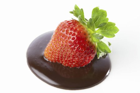 Photo for Red strawberry with chocolate syrup, close up view - Royalty Free Image