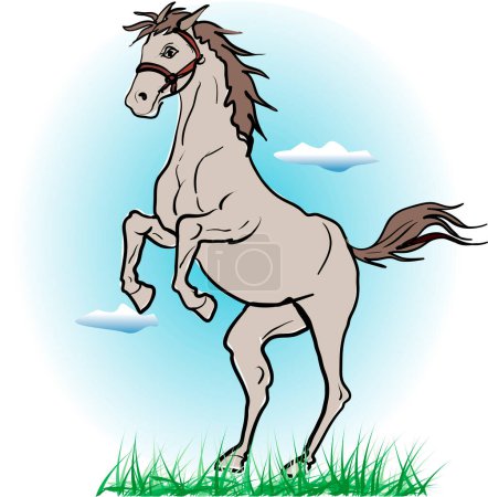 Téléchargez les photos : Illustration de dessin animé de beau cheval contre ciel bleu - en image libre de droit