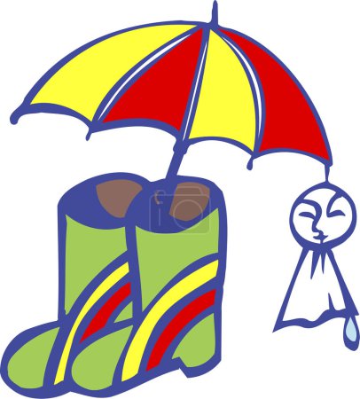 botas welly, paraguas y teru teru bozu en una ilustración de estilo de dibujos animados 