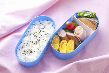 Foto de Dos recipientes azules llenos de comida sobre una superficie rosada - Imagen libre de derechos
