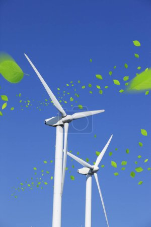 Photo for Wind turbines with green leaves on blue sky background - Royalty Free Image
